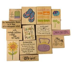 CRAFTY STAMP LOT Friendly Funny 15 Wood Stamps Bundle Flip Flop Sun Summer
